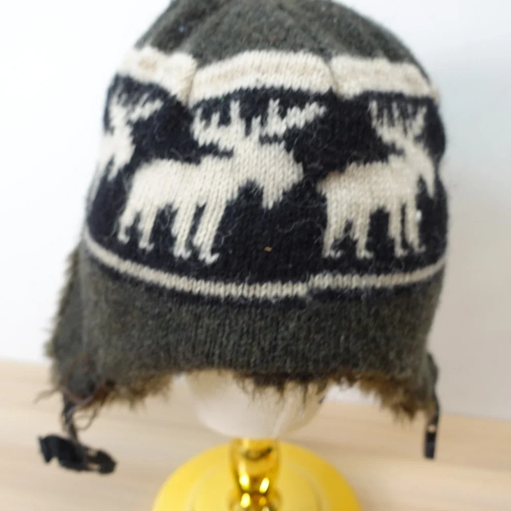 Trapper Hat Kids Green Reindeer Wool Aviator Faux Fur Trim Winter BLACK RIVET